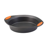 Rachael Ray Yum-o nonstick bakeware pan with grips, front view showing easy handling and release.