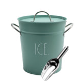 Rae Dunn ice bucket with scoop, sage lid, and handle keeps drinks cold at gatherings.