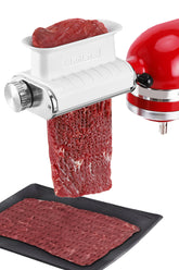 RAF BAR meat tenderizer attachment on a KitchenAid mixer for consistent texture.