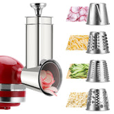 RAF BAR stainless steel slicer attachment mounted on a KitchenAid mixer for smooth, rapid slicing.