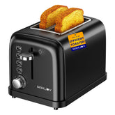 RAMJOY Black Toaster 2-Slice front view showing extra wide slots for bagels and bread