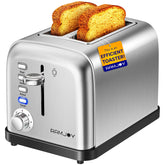 RAMJOY Toaster front view in brushed stainless steel, compact and stylish for small kitchens.