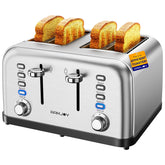 RAMJOY Toaster 4 Slice front view highlighting brushed stainless steel and compact kitchen presence.