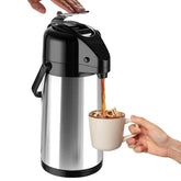 Ratrabas upgraded airpot carafe front view shows sleek stainless steel and ample 2.5L capacity for gatherings.