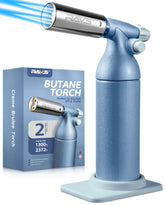 RAVS dual flame torch lighter on stable base for precise caramelization