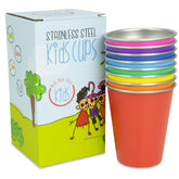 Real Deal Steel Rainbow Kids Cups stacked for space-saving storage.