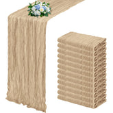 RealBox beige cheesecloth table runner with soft pleats for elegant weddings.