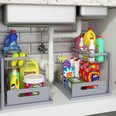 REALINN under-sink organizer drawer shows space-saving two-tier design for cabinet efficiency.