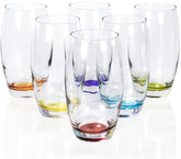 Red Co. Large 16 oz glass set with multicolored bottoms for easy guest identification.