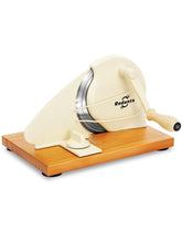 Redants manual bread slicer with wooden base provides precise slice thickness.
