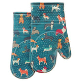 Red LMLDETA oven mitts with clear silicone shell and dog print for secure cooking grip