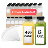 Reli 12oz square juice bottle, clear design for easy filling and display.