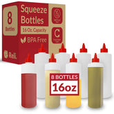 Reli clear 16oz squeeze bottles in an 8-pack for sauces and condiments