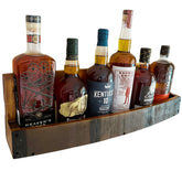 RELODECOR Liquor Bottle Display Shelf on wall showcasing bottles with rustic charm and space-saving design.