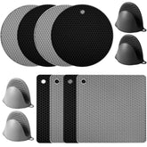 Remagr square black silicone pot holders protect countertops during hot cooking.