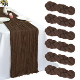RestfulGlow brown cheesecloth table runner for rustic wedding decor and elegant table setup.