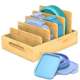 Retro Shaw Bamboo Lid Organizer in cabinet storage with adjustable dividers.