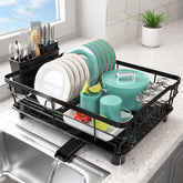 Ricobes dish rack on countertop demonstrates space-saving design for a tidy kitchen.