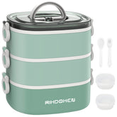 RIKDOKEN lunch box with 3-layer stackable system for customizable portions and easy transport.