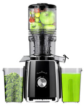 Rilara cold press juicer wide chute enables whole fruit juicing for convenience.