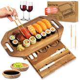 RIQMU sushi tray for two with hidden drawer and organized accessories