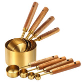 Riqwm Iro gold measuring cups with wood handles, top view highlights premium craftsmanship for precise measurements.