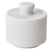 Rissetree white marble salt cellar keeper with lid, front view for elegant countertop storage.
