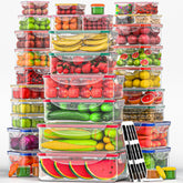 RockBerry 70-Piece containers set with lids, clear view for organized meal prep.