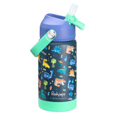 Rockpapa kids insulated water bottle with straw in blue dinosaur design for school hydration