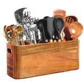 Rodelna acacia wood utensil holder front view showing four organized compartments for clutter-free counters.