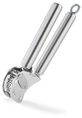 Rösle garlic press close-up shows ergonomic handle for easy leverage and quick mincing.