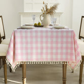 Romanstile Valentines pink gingham tablecloth on a dining table adds cozy farmhouse charm