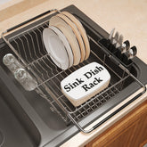 Romision over-sink dish drainer, front view, saves counter space and organizes dishes.