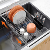romision small expandable over-sink dish drainer on countertop saves space and dries dishes efficiently.