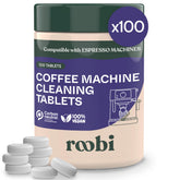 Roobi espresso cleaning tablets pack; 100-count box ready to refresh your machine.