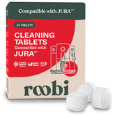 Roobi Jura cleaning tablets packaging highlights vegan and carbon-neutral formula.