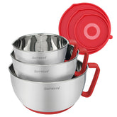 Rorence mixing bowls with red lids for secure storage and easy pouring.