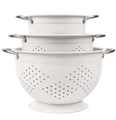 Rorence powder-coated steel colander close-up showing durable rust-resistant finish
