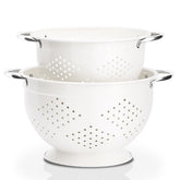 Rorence white powder-coated steel colanders in a durable 3qt and 5qt set for everyday use.