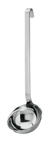 Rösle 10009 stainless steel ladle with pouring rim for drip-free serving.