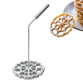 Rotel bunuelos mold with handle and rose design for even frying.