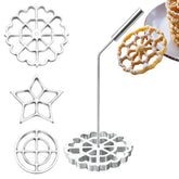 Rotel bunuelos mold with handle demonstrates versatile rosette shapes for authentic fried cookies.