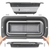 ROTTOGOON collapsible colander extendable over sink for efficient produce rinsing.