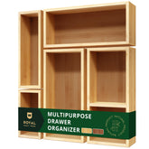 Royal Craft Wood 5-piece bamboo drawer organizer set neatly fills a deep drawer for clutter-free storage.