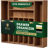 Royal Craft Wood bamboo drawer organizer in closed view keeps utensils neatly aligned.