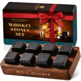 Royal Reserve whiskey stones gift set with eight stones on a wooden tray for undiluted sips