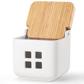 RQYIXI garlic container front view on counter showing white ceramic finish and easy access.