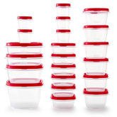 Rubbermaid 42-piece set with bright red lids for easy organization.