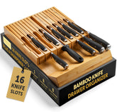 RUBOXA bamboo knife drawer organizer with 16 slots keeps knives neatly stored and easy to reach.