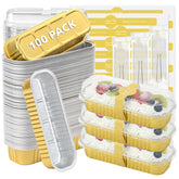 Ruckae 100-pack mini loaf pans with lids and spoons for easy single-serving treats.